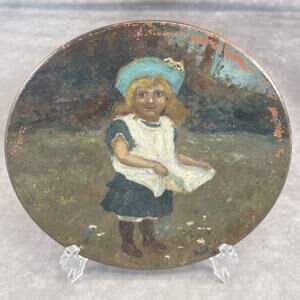c.1900 Watcombe Pottery Hand Decorated Terracotta Plate 6.5 in Girl w/blue hat
